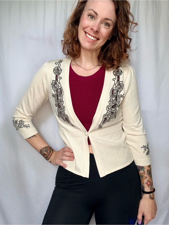 White House Black Market Sweaters - Cream Embroidered Cropped Cardigan
